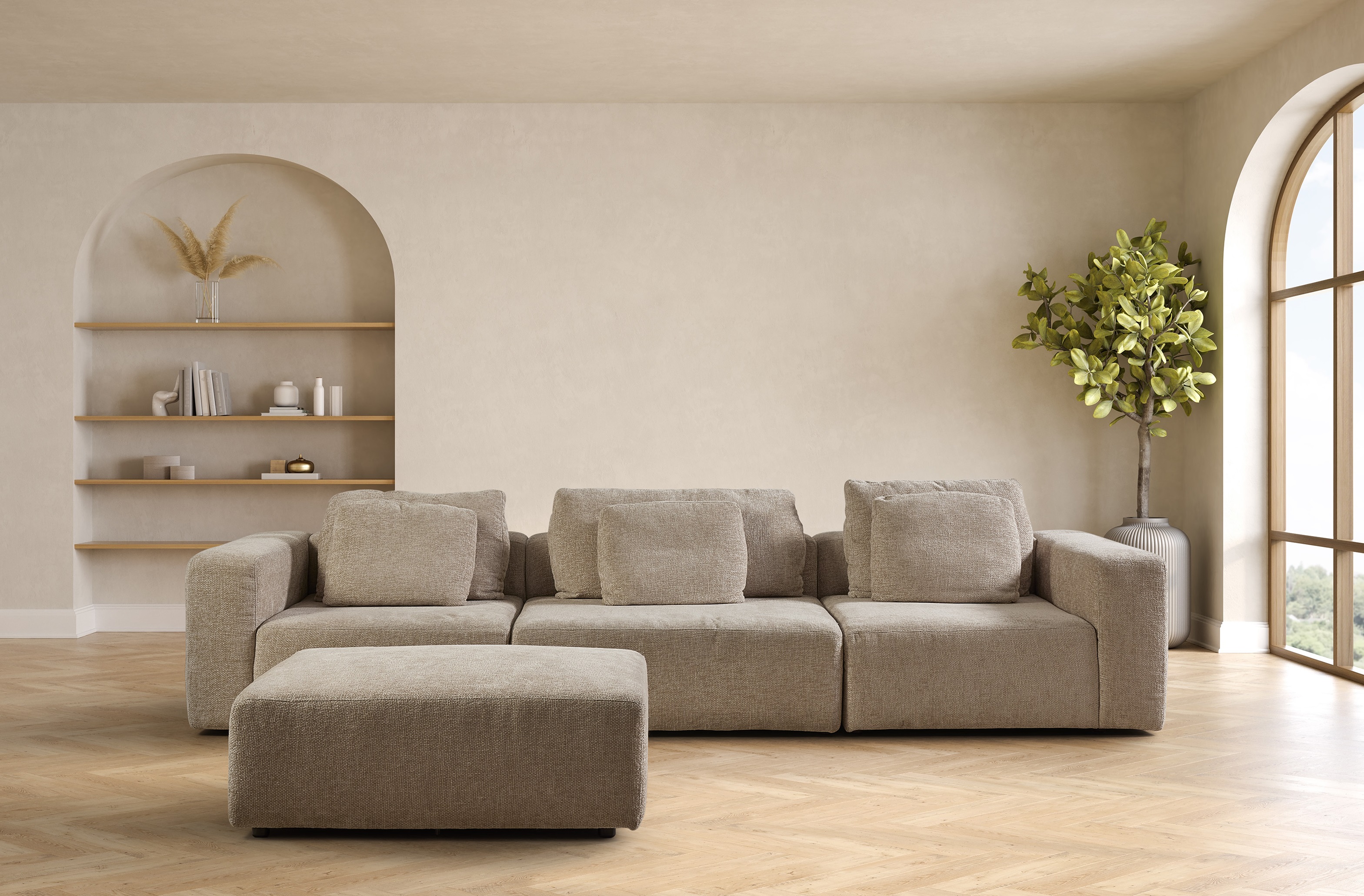 Modulaire bank Tayla (4-zits) van bouclé met poef (links/rechts